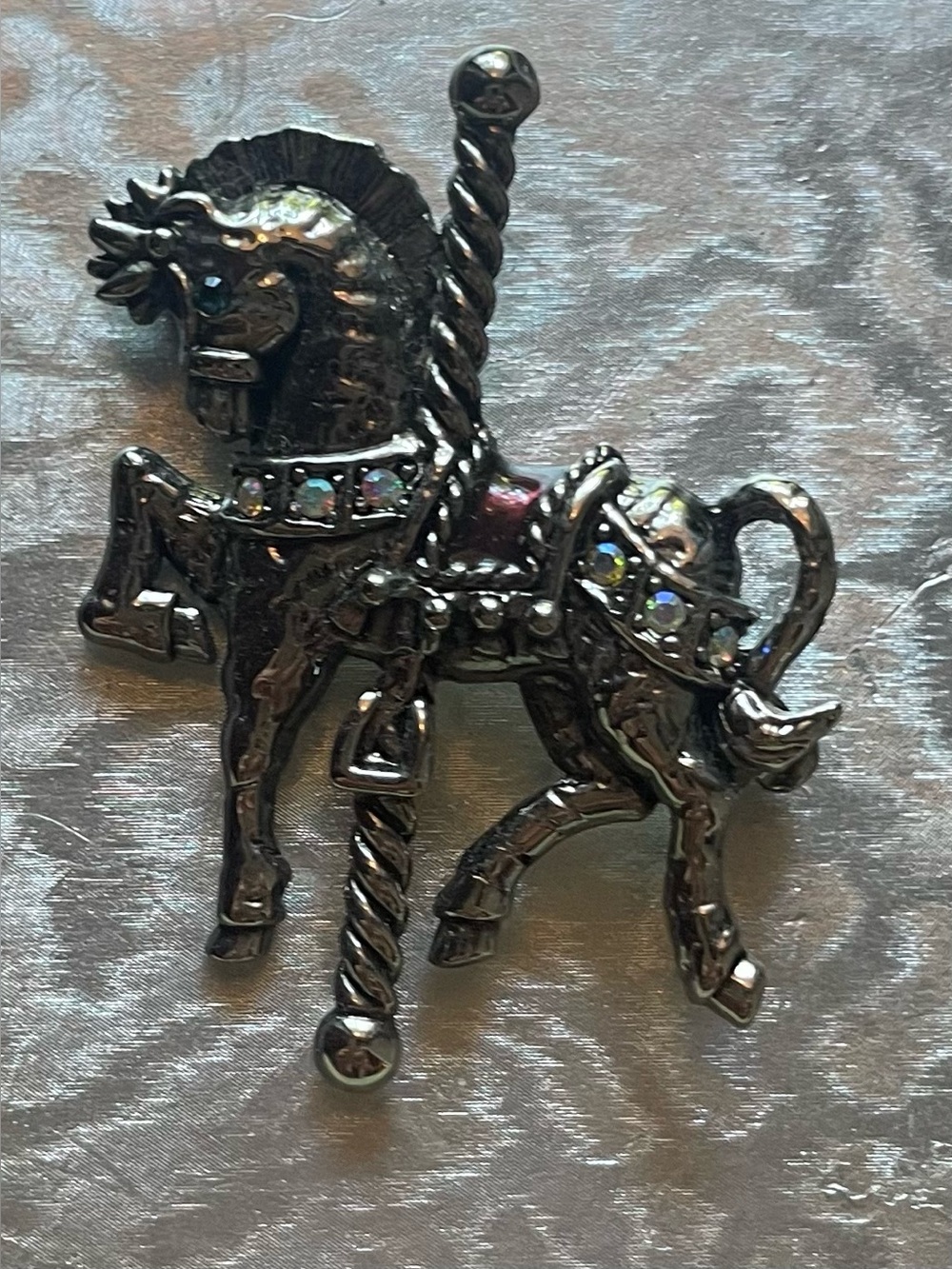 Vintage Danecraft Silver Tone Carousel Horse Brooch Pin AB Rhinestones & Enamel